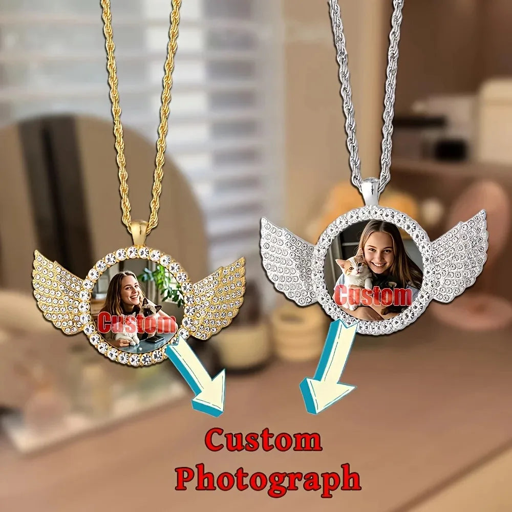 Custom Angel Wing Round Photo Necklace -Personalized Unforgettable memories Picture Pendant Jewelry Perfect for Anniversary Gift