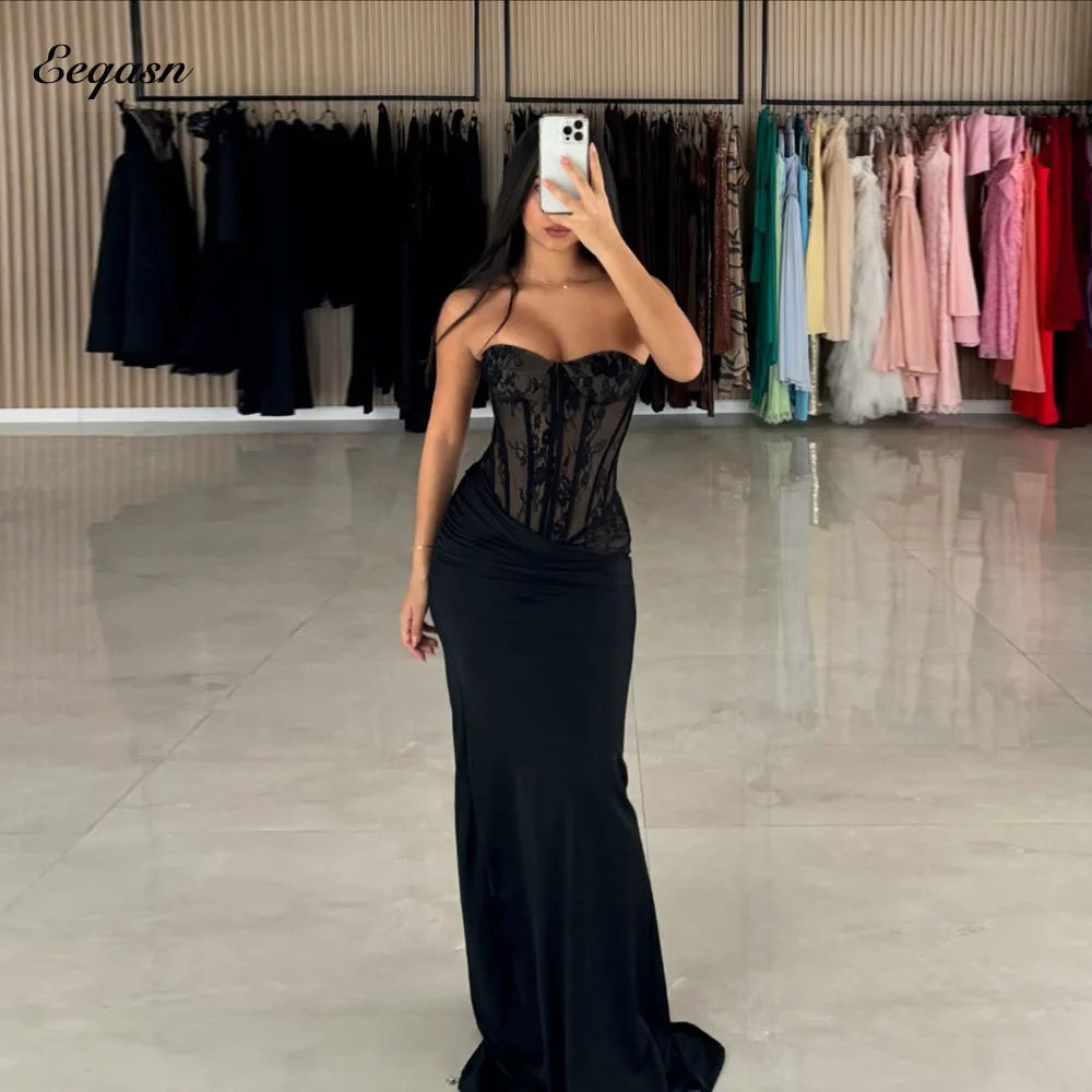 Eeqasn Customized Matching Fashion Jersey Formal Evening Gowns Mermaid Strapless Corset Bodice Prom Dresses Floor-Length Pastrol