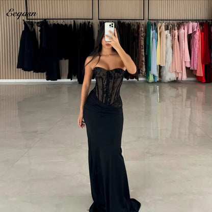 Eeqasn Customized Matching Fashion Jersey Formal Evening Gowns Mermaid Strapless Corset Bodice Prom Dresses Floor-Length Pastrol