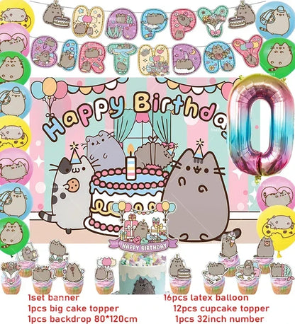 The Pusheen Cat Balloons Birthday Decoration Party Supplies Cartoon Grey Pet Fat Cat Theme Banner Backdrop Cake Topper Sticker