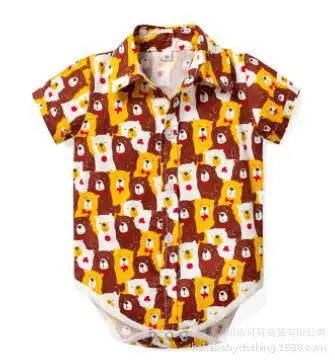 Newborn Boys Bodysuit with Bow Tie Cotton Baby Romper Soft Cartoon Animal Print Formal Short Sleeve Children Top Costume