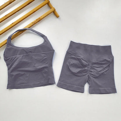 VEQKING Seamless 2pcs Women Yoga Sets Open Back Longline Sports Halter Bras Running Tank Tops Scrunch Butt Gym Workourt Shorts
