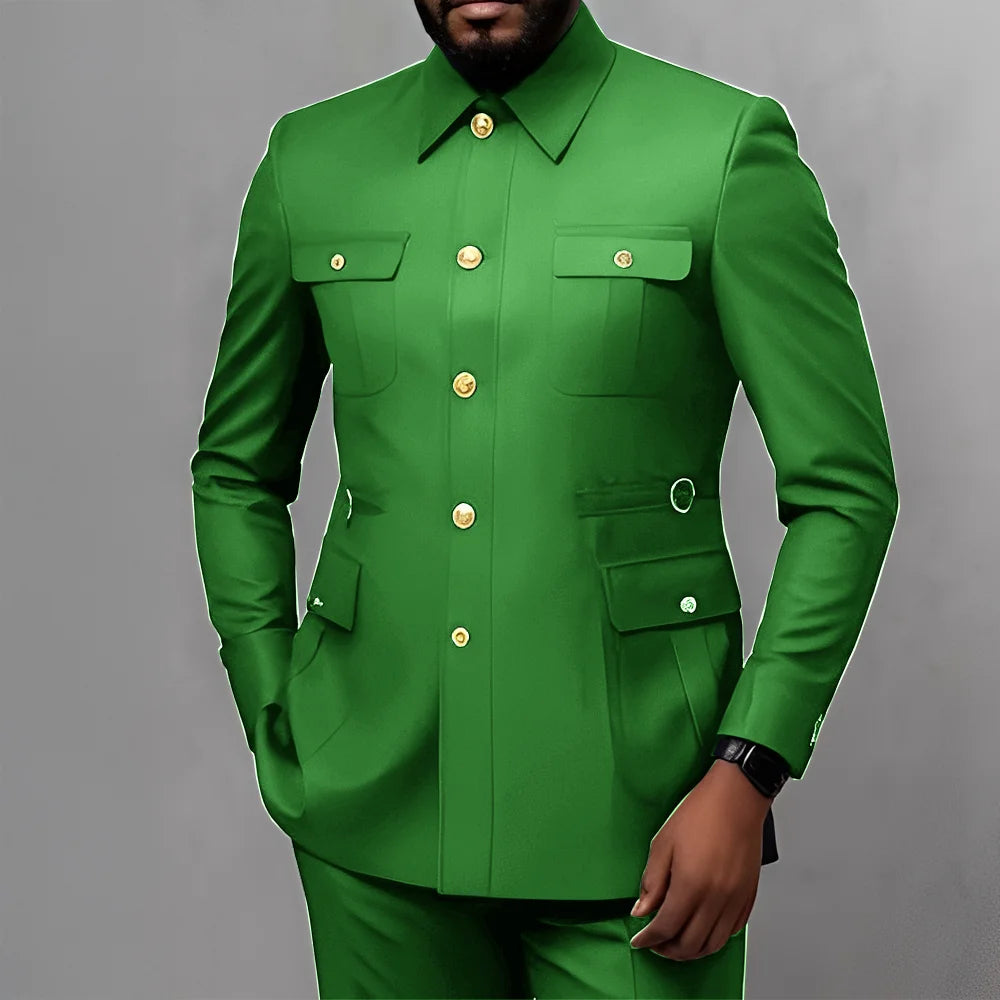 Men's 2-Piece Formal Suit, Utility Style, Golden Buttons, Suit + Trousers Combination, Fashionable Business Use
