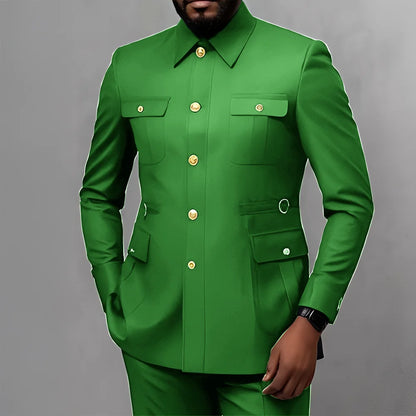 Men's 2-Piece Formal Suit, Utility Style, Golden Buttons, Suit + Trousers Combination, Fashionable Business Use