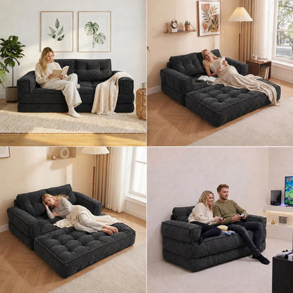 51" 2-Seater Modular Corduroy Sofa with Chaise, 2-in-1 Boneless Convertible Floor Couch, Lazy Double Sofa with Armrest for Living Room, Black