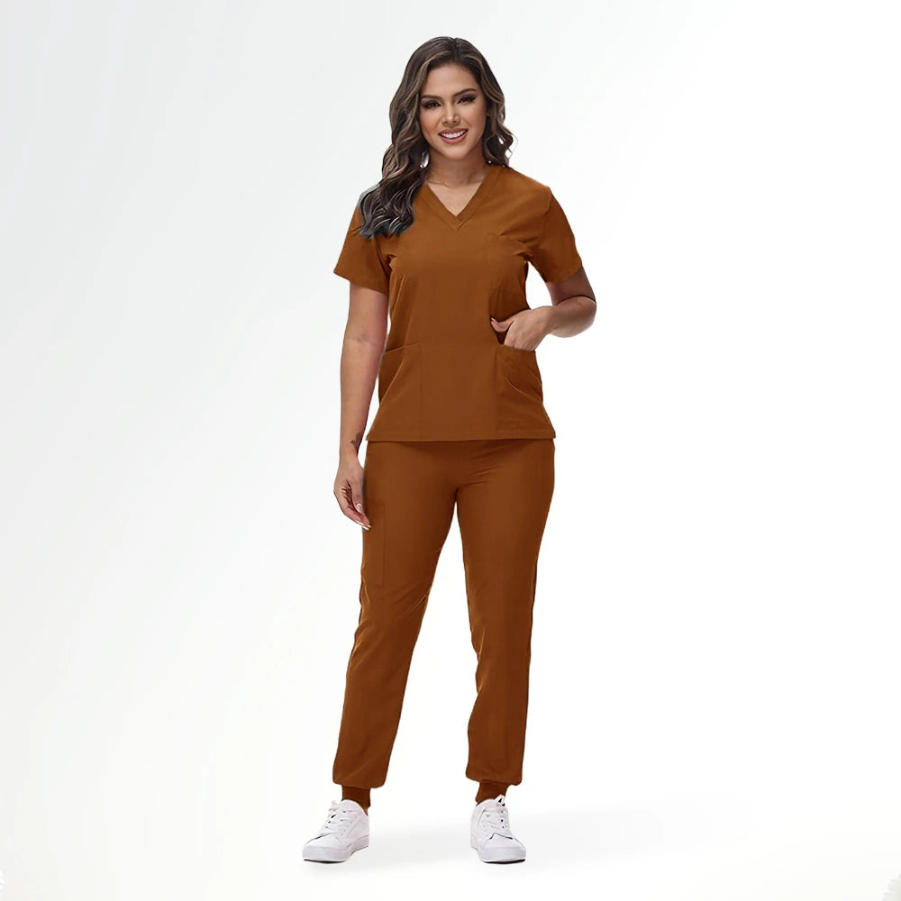 Women's Nurse Scrub Set | V-Neck Top & Jogger Pants, Stretch Jersey | Medical Workwear