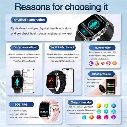 New Men Accurate Health Diagnosis ECG Smart Watch Blood Pressure Blood Oxygen Blood Fat Uric Acid Temp Bluetooth call Smartwatch