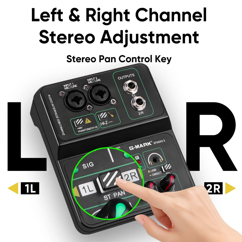 G-MARK Studio 2 Mini 2-Channel Audio Mixer with 48V Phantom Power 32-bit 96kHz Sound Interface for Recording Podcasting Live Streaming And DJ Parties