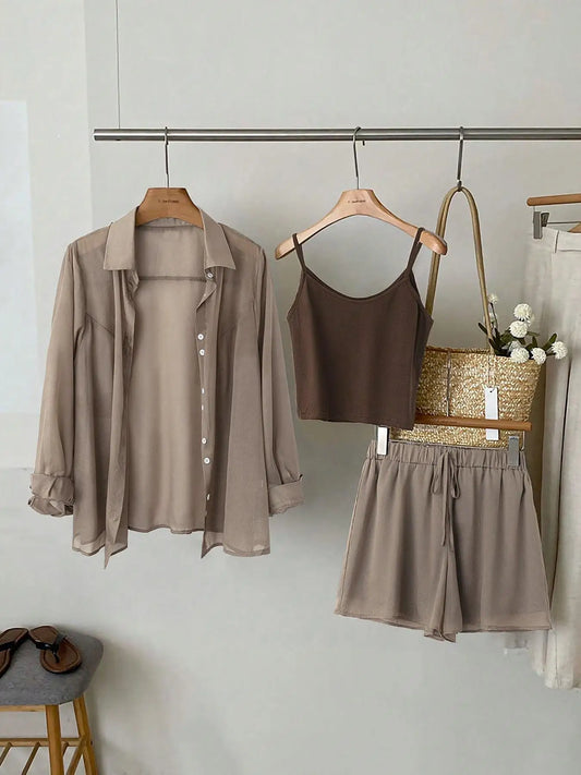 【Plus Size】 Three-Piece Set Solid Color Set, Casual Long Sleeve Button Shirt & Crop Cami Top & Shorts Set