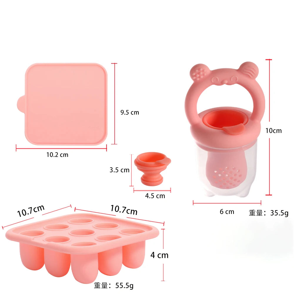 BPA Free 2 In 1 Baby Food Feeder and Silicone Baby Popsicle Mold Set Bear Fruit Teething Feeder Freezer Baby Food Storage Ice Lolly Mold for Infant Teething Supplementary Food Making