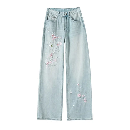 French Pink Flower Embroidered Jeans Women Spring and Autumn New High Waist Fashion Slim Wide-Leg Pants Embroidered Straight Pan
