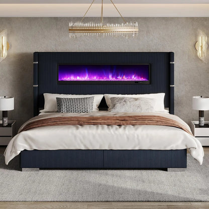 60.4“ King Size Upholstered Bed Frame with Fireplace, Grey | Modern Bed Frame with Extra Tall Headboard, Wingback, Customized
