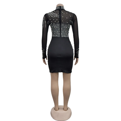 CM.YAYA Women Long Sleeve Mesh Diamonds Hot Rhinestones Mini Dress 2024 Summer Evenning Sexy Party Night Club Dresses Vestidos