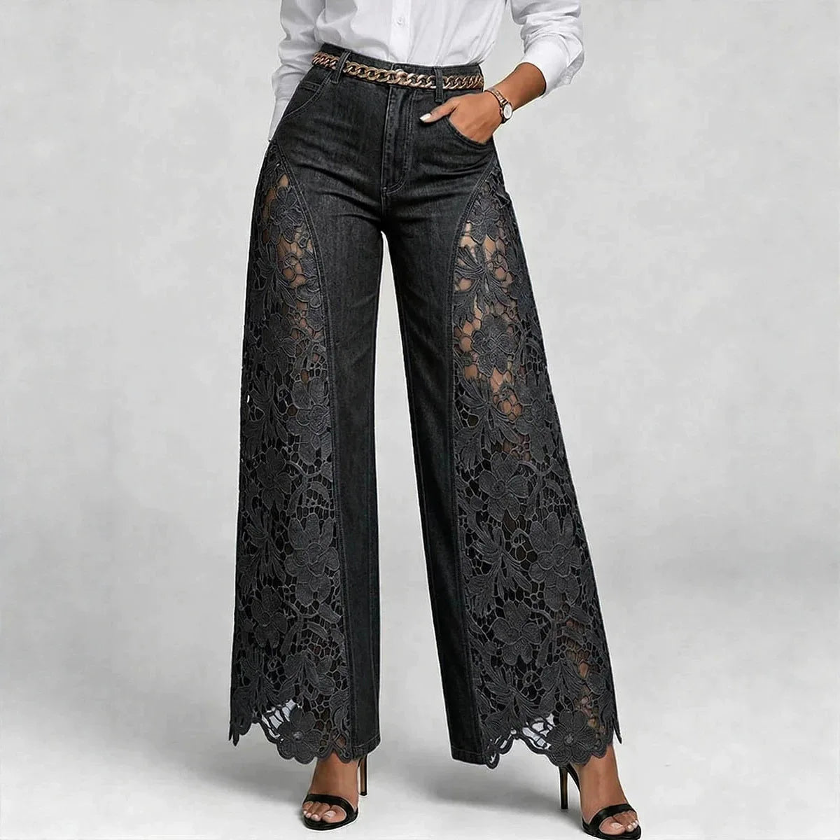 American Lace Hollow Out Elegant High Waist Wide Leg Straight Tube Harajuku Retro Flared Pants High Street Fashion Women's Jeans