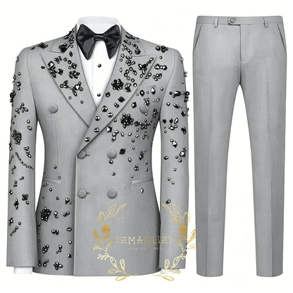 Fashion Burgundy Boy Suit Crystals Wedding Tuxedo Double Breasted Formal Child 2 Pieces Blazer Pants costume enfant garçon