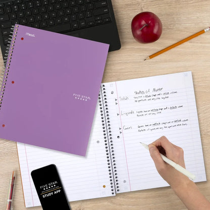 Spiral Notebook with Study App 5 Subject Wide Ruled 8 x 10.5 Inches Amethyst Color for School College Office Supplies