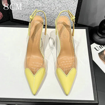 2026 Summer New Fairy-style Heart-shaped Pointed Toe Thin Heel Sandals for Women Transparent Patchwork Headpiece Back High Heels