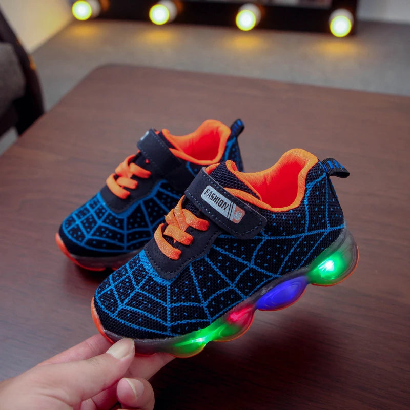Mgo Kidss New Spring and Autumn Models, Sizes 21-36, Children's Shoes, Kids' Light-Up Shoes, Boys' and Girls' Running Shoes, Baby Flashing Shoes, Led Light-Up Sneakers, Mesh Spider Web Design, Suitable for Children Aged 1-3-6