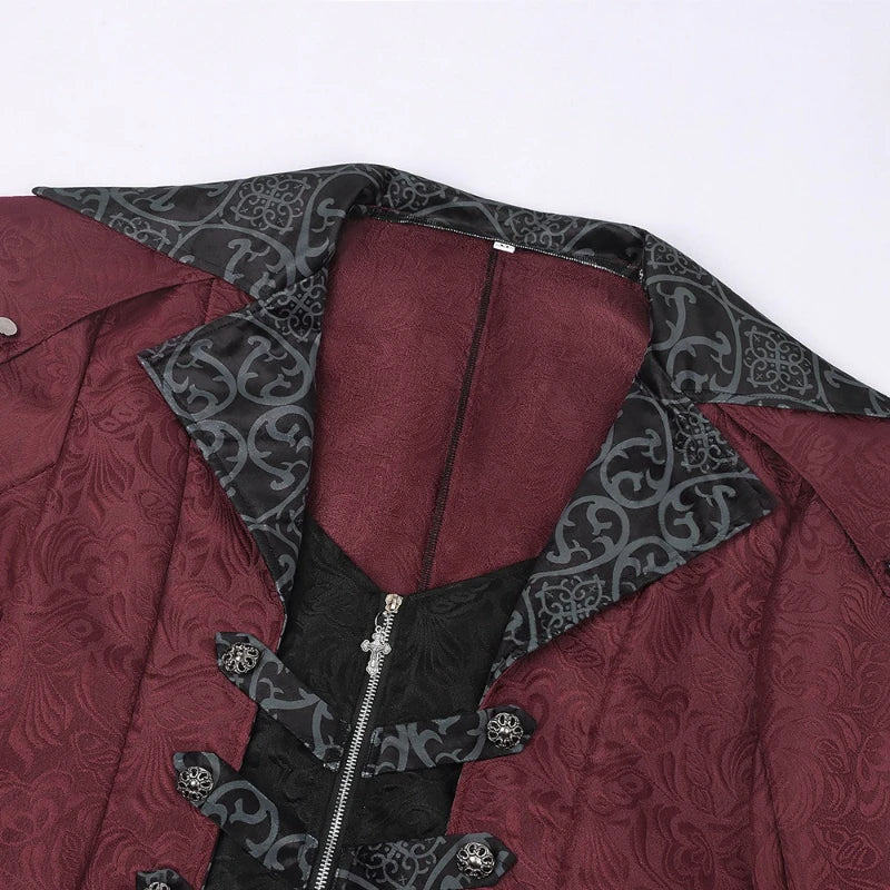 2026 Burgundy Medieval Jacquard Trench Coat for Men,Vintage Gothic Dark Men's Jacket ,Halloween Cosplay Performance Costume Men