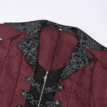 2026 Burgundy Medieval Jacquard Trench Coat for Men,Vintage Gothic Dark Men's Jacket ,Halloween Cosplay Performance Costume Men