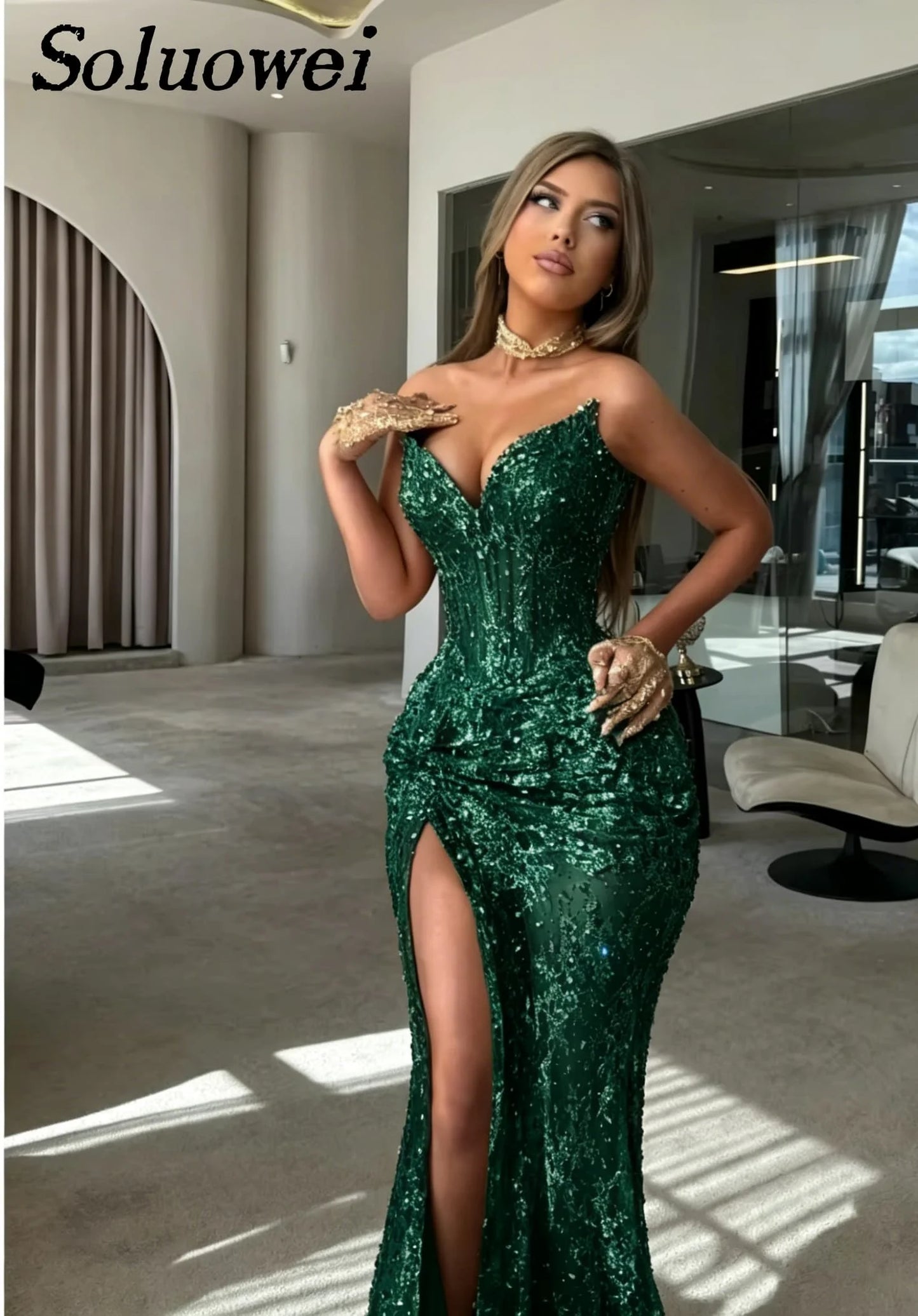 Customized Elegant Strapless Sweetheart Evening Dresses Corset Beaded Slit Luxury Mermaid Formal Prom Gown Vestidos De Noche