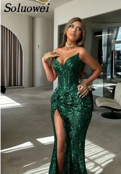 Customized Elegant Strapless Sweetheart Evening Dresses Corset Beaded Slit Luxury Mermaid Formal Prom Gown Vestidos De Noche
