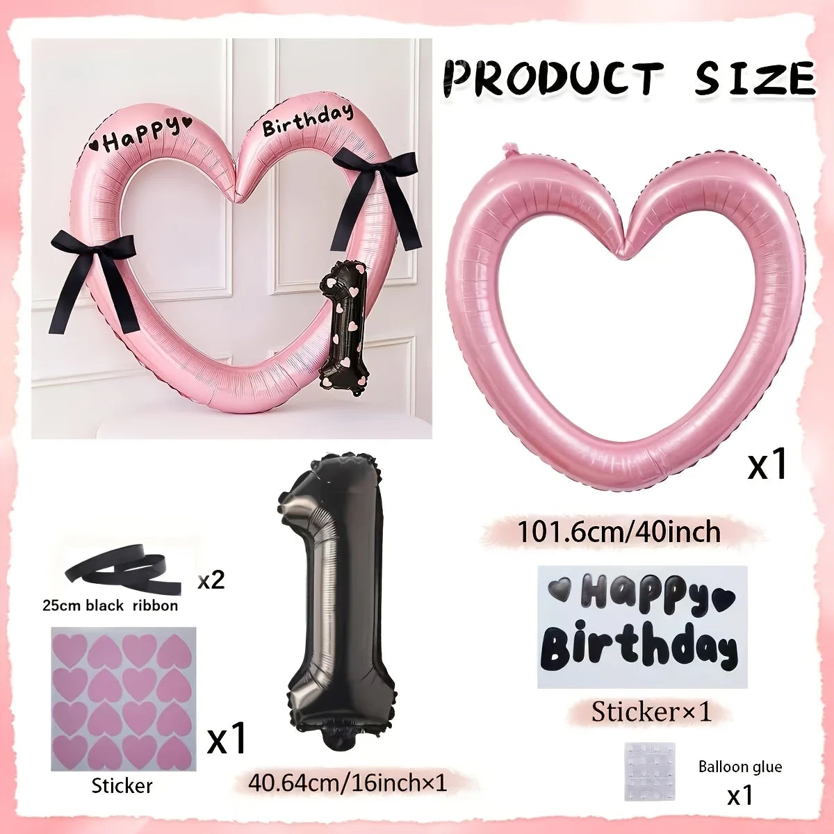 7Pcs 16inch Black Number Hollow-Out Heart Balloons and Heart Stickers Set, Includes 2 Number Balloons, 2 Stickers, 1 Glue Stick, 2 25cm Ribbons, for Birthday Parties, Wedding Anniversary Celebrations, Holiday Decorations