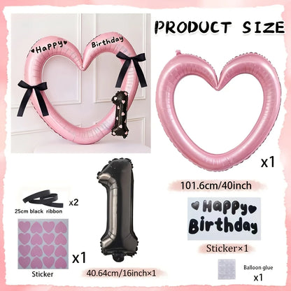 7Pcs 16inch Black Number Hollow-Out Heart Balloons and Heart Stickers Set, Includes 2 Number Balloons, 2 Stickers, 1 Glue Stick, 2 25cm Ribbons, for Birthday Parties, Wedding Anniversary Celebrations, Holiday Decorations