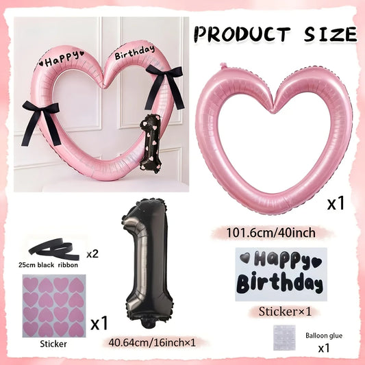 7Pcs 16inch Black Number Hollow-Out Heart Balloons and Heart Stickers Set, Includes 2 Number Balloons, 2 Stickers, 1 Glue Stick, 2 25cm Ribbons, for Birthday Parties, Wedding Anniversary Celebrations, Holiday Decorations
