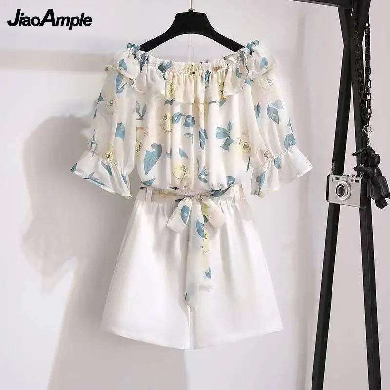 Women's Summer Shorts Suit 2026 New Casual Printed Shirt Top Pants Two Piece Korean Fashion Elegant Short Sleeve Blouse Set