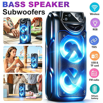 Wireless Portable Bluetooth Speaker with Dual Heavy Bass Subwoofers, Multi-Mode Playback BT/TWS/FM/USB/AUX/TF, Microphone Jack, High Volume Stereo Sound, Perfect for Festive Dinner & Christmas Present