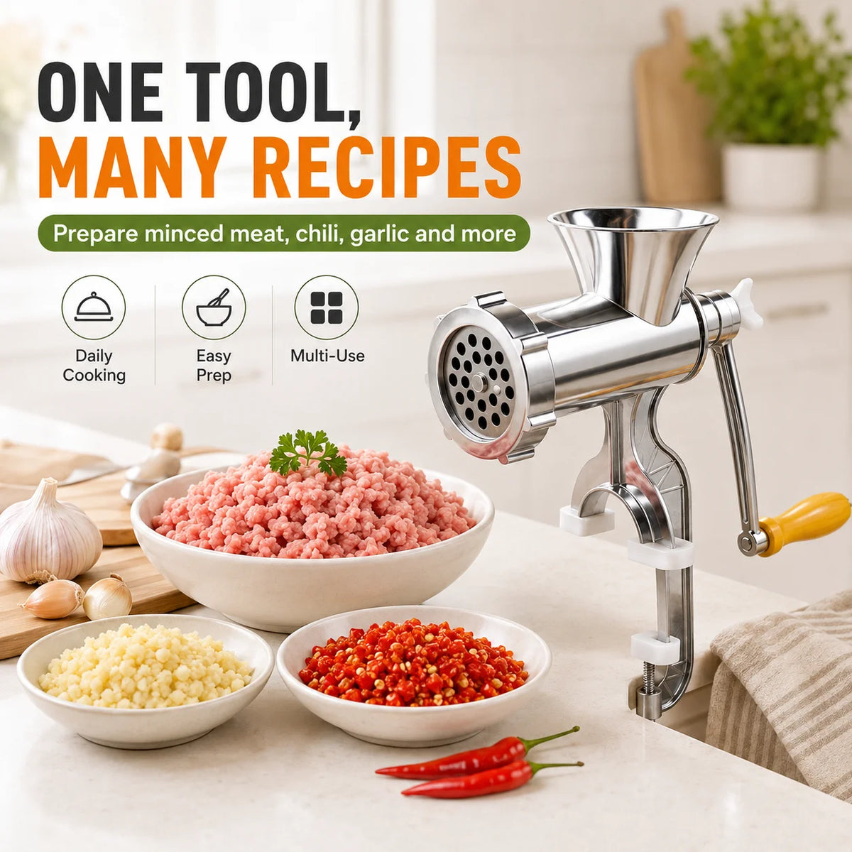 ZNLYRION Stainless Steel Manual Meat Grinder Hand Crank Mincer Sausage Stuffer Machine Table Clamp Design Household Kitchen Tool for Mincing Meat Vegetables Making Sausage