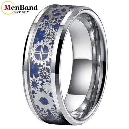 MenBand Unique 6/8mm Tungsten Carbide Rings Wedding Band Gear Wheel Blue Carbon Fiber Inlay Fashion Jewelry Comfort Fit