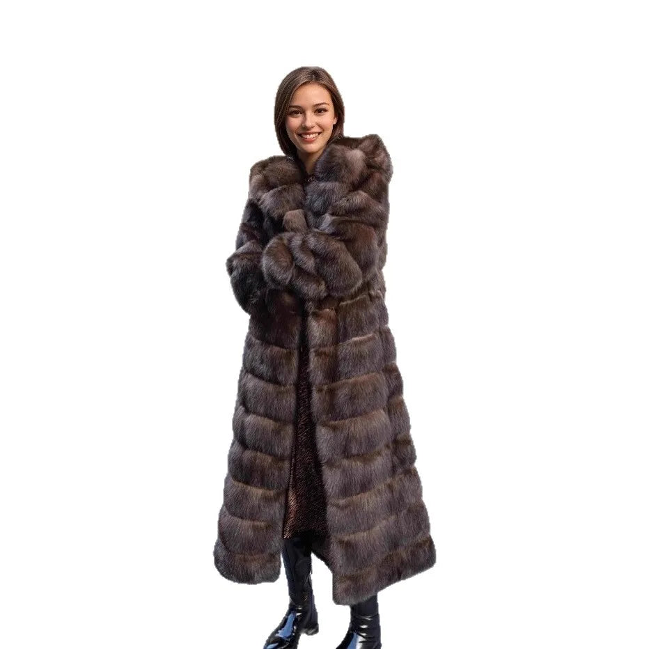 Thickened Warm Fur Trim Hooded Female Mink Fur Outwear Long Chic Lady Eco Fur Coat Vintage Brown Women Winter Faux Fur Jacket