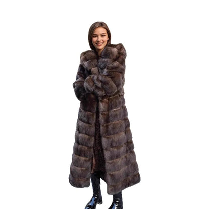 Thickened Warm Fur Trim Hooded Female Mink Fur Outwear Long Chic Lady Eco Fur Coat Vintage Brown Women Winter Faux Fur Jacket