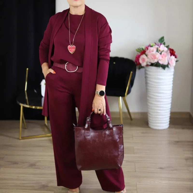 2026 Elegant Ladies Clothing 3 Pieces Set Autumn White Long Cardigan Coat Wide Leg Pants Sets T-shirt  Three-piece Outfit Women