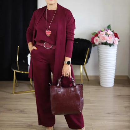 2026 Elegant Ladies Clothing 3 Pieces Set Autumn White Long Cardigan Coat Wide Leg Pants Sets T-shirt  Three-piece Outfit Women