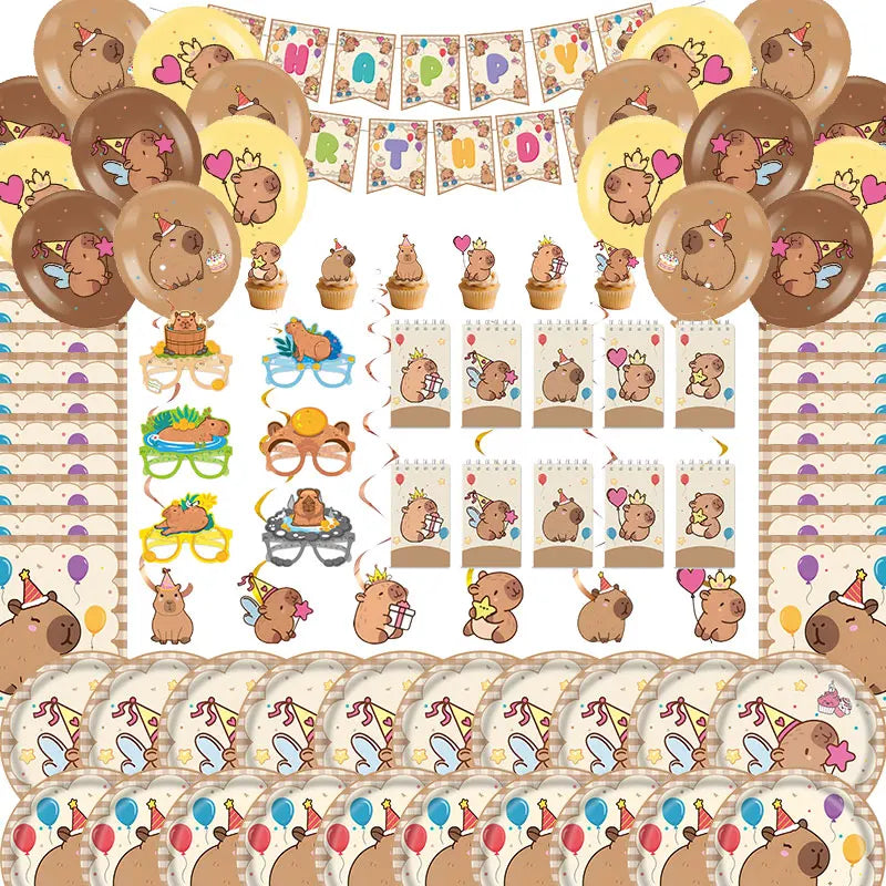 Capybara Decoration Birthday Party Favors Tableware Set Cup Plate Balloons Gift Bags Happy Banner Cake Topper Supplies for Girls