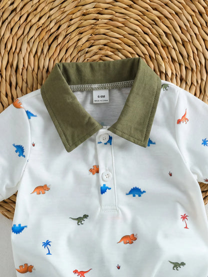 Baby Boy Polo 2‑Piece Set, Printed Lapel Short‑Sleeve Top With Solid Color Shorts, Casual Outfit For Summer Trip
