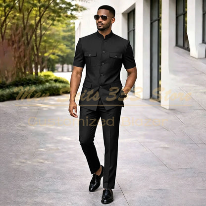Summer Safari Men's Suits Fashion Regular Fit Short Sleeve Blazer Elegant Luxury Single Breasted 2 Piece Jacket Pants Outfits
