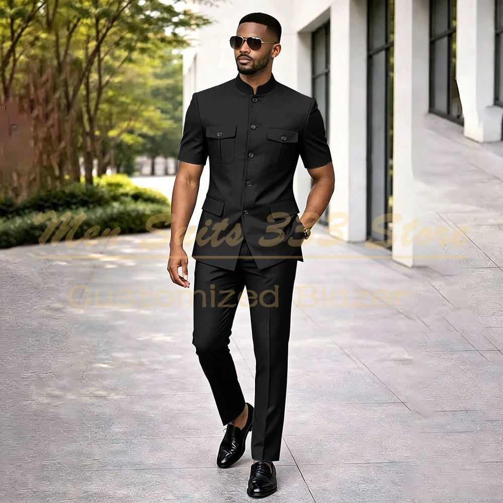 Summer Safari Men's Suits Fashion Regular Fit Short Sleeve Blazer Elegant Luxury Single Breasted 2 Piece Jacket Pants Outfits