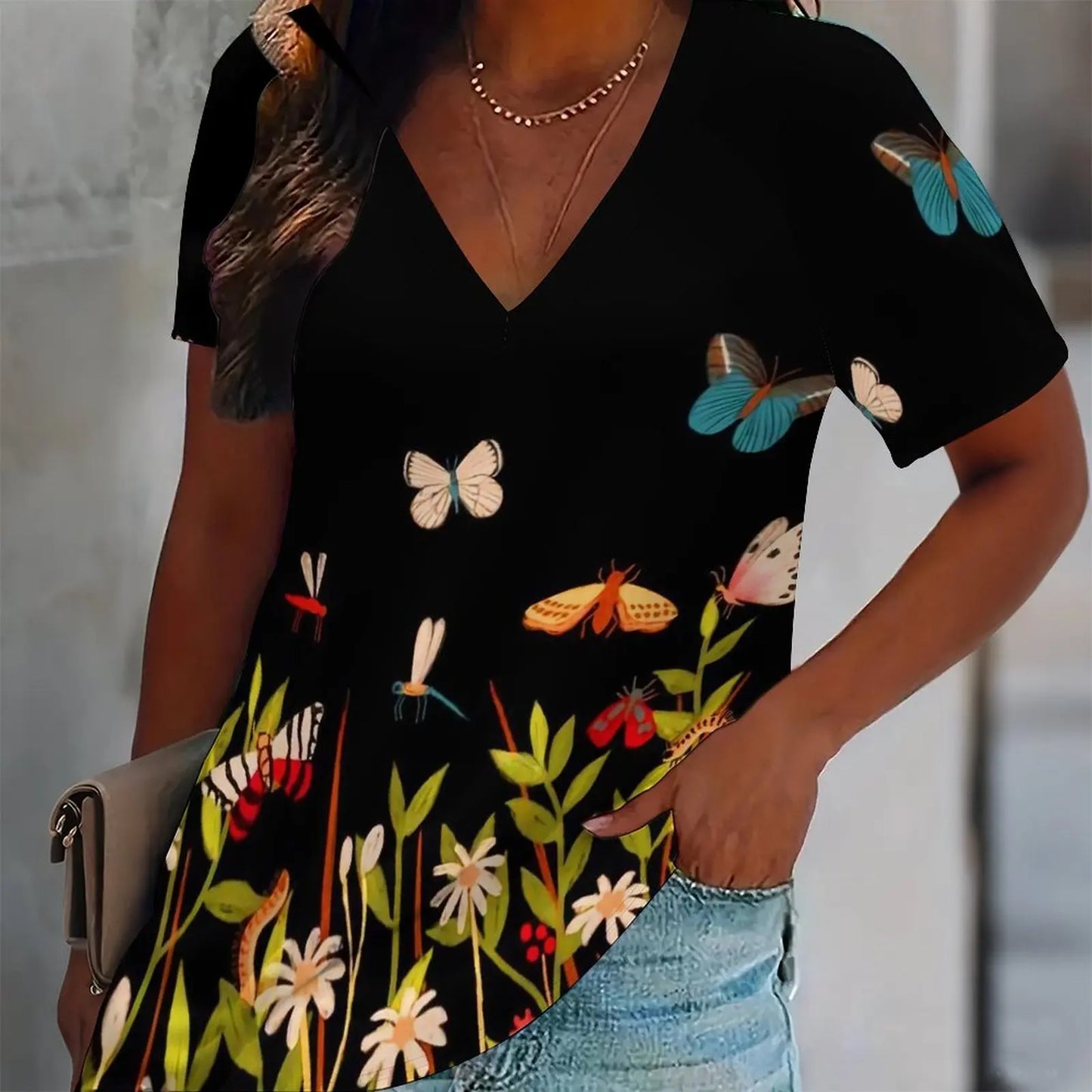 Butterfly Print Women Tshirt V Neck Short Sleeve Casual Loose Summer Tee Shirts