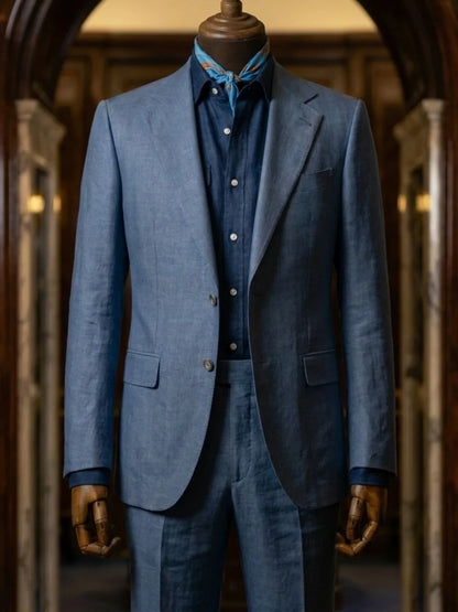 Summer Linen Men Suit Light Blue Notch Lapel 2 Pieces Formal Jacket Trousers Beach Wedding Casual Business Suit Customized