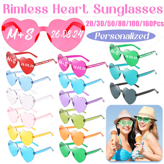 20-160Pcs Customized Heart Shaped Sunglasses for Wedding Candy Color Personalized Heart Sunglass for Guest Bachelor Party Favor