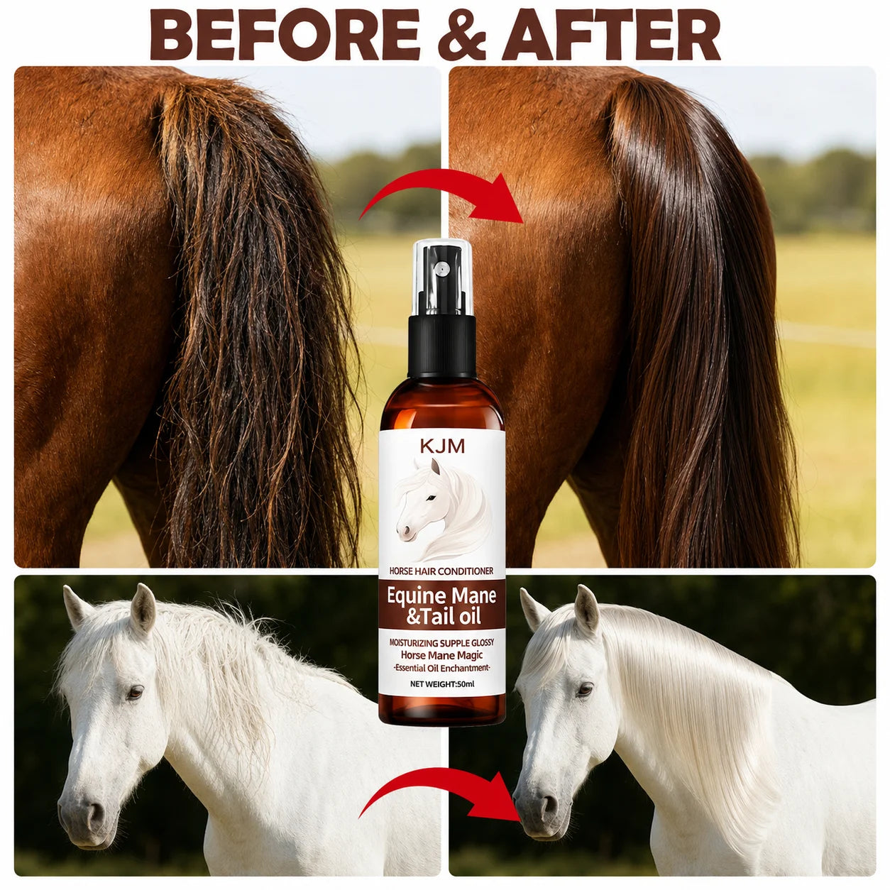 KJM Horse Mane Detangling Spray All Breeds Plant Extract Quick Moist Non Greasy Shiny Equine Daily Groom Spray