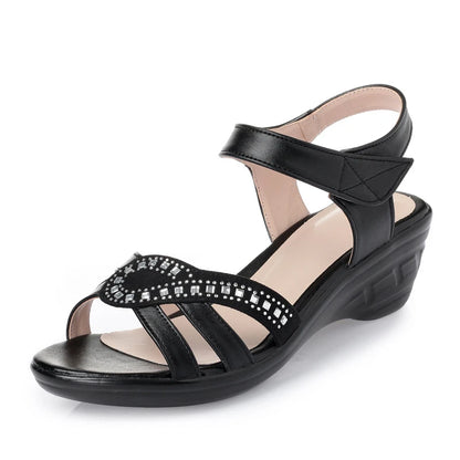 Women Spring Summer Rhinestone Wedge Sandals Comfort Mid Heel Anti-slip Soft Sole Elderly Mom Shoes Breathable Casual Ladies