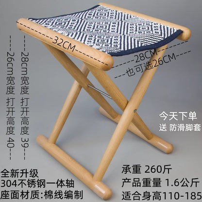 Portable Folding Stool for Outdoor Camping Lightweight Wooden Seat with Cotton Woven Top Home Travel Compact Folding Bench