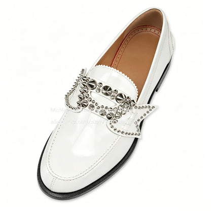 Glossy Silver Spiked Leather No Penny Loafers Men Round Toe Studded Bow Decor Slip on Dress Shoes Party Nightclub Street Shoes