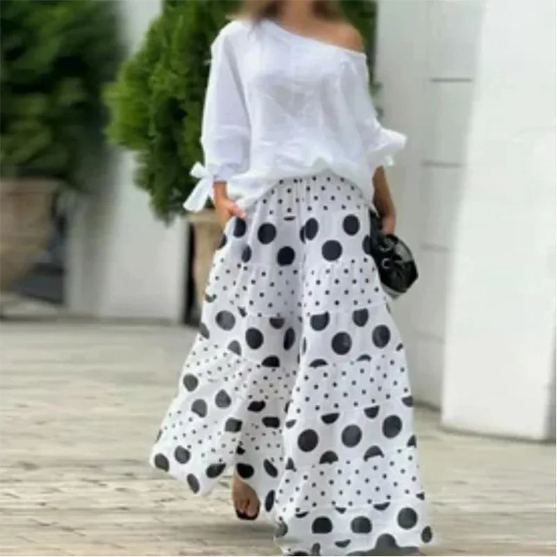 Spring Summer Elegant Fashion Print Women's Set Two-piece Casual One-Neck Off-Shoulder Long-Sleeve Solid Top Loose Culottes Suit