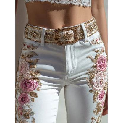 Floral Print Straight Leg Jeans for Women Fashion Denim Pants European